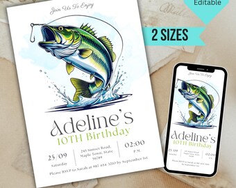 Puede incluir: Una invitación blanca con un gráfico de un pez saltando, un anzuelo y salpicaduras de agua. El texto dice "10º Cumpleaños de Adeline" con detalles del evento. Un teléfono muestra el mismo diseño. Las palabras "Invitación de Cumpleaños de Pesca" están en la parte inferior.
