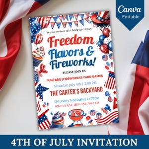 4th of July Party Invitation Template, Independence Day Party Invite, Patriotic Invite, USA Holiday, American Flag, Red White Blue Fireworks