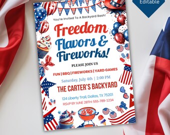 4th of July Party Invitation Template, Independence Day Party Invite, Patriotic Invite, USA Holiday, American Flag, Red White Blue Fireworks