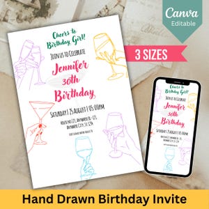 Editable Birthday Hand Drawn Invite, Birthday Party Cocktail Invitation, 30th, 40th, 50th, Birthday Invite Template, Canva Template