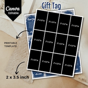 May include: Printable gift tag template with a blue and white snowflake design. The template is divided into 12 squares, each measuring 2 inches by 3.5 inches. The text "Gift Tag" is printed at the top of the template.