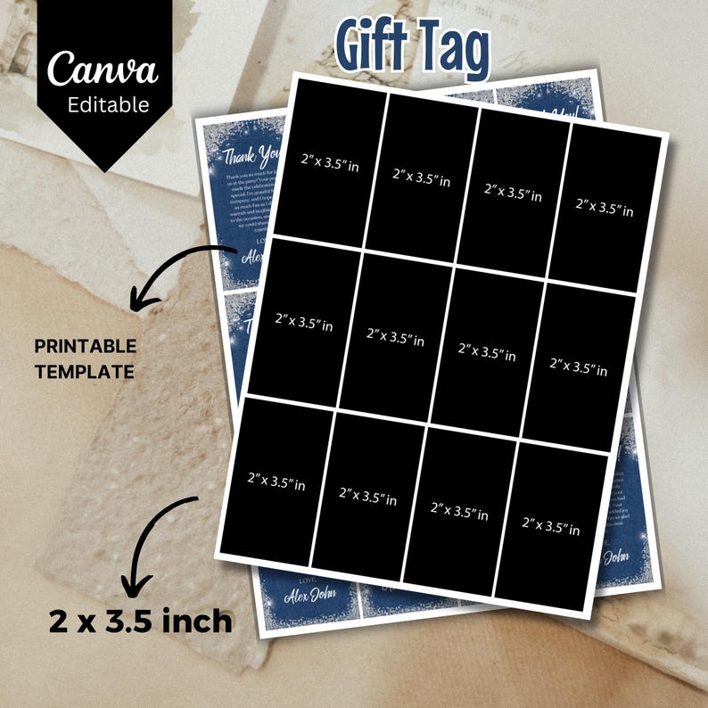 May include: Printable gift tag template with a blue and white snowflake design. The template is divided into 12 squares, each measuring 2 inches by 3.5 inches. The text "Gift Tag" is printed at the top of the template.