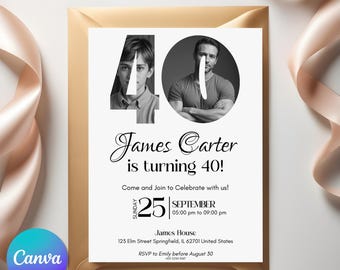 Faire-part 40e anniversaire avec photo, Look qui a 40 ans, modèle modifiable d'invitation 40e anniversaire, 40e invitation, 40e invitation homme, modèle canva