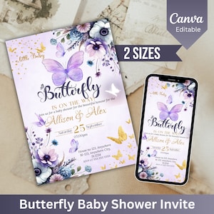 Butterfly Baby Shower Invitation, Printable Purple Baby Shower Invite, Girl Baby Shower Invite, Canva Editable Template, Digital Download