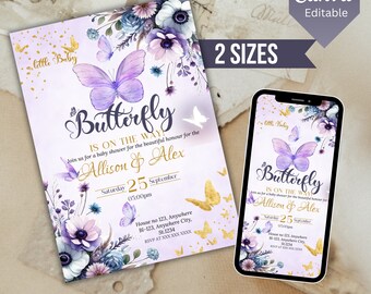 Butterfly Baby Shower Invitation, Printable Purple Baby Shower Invite, Girl Baby Shower Invite, Canva Editable Template, Digital Download