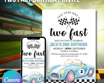 TWO Fast Birthday Invitation, Printable Racing Car 2nd Birthday Invite, Editable Birthday Itinerary, Canva Templates, Digital Download
