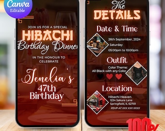 Invitación a una cena de cumpleaños con tema hibachi, invitación digital para una fiesta con tema hibachi, fiesta en un restaurante japonés, plantillas editables de Canva, descarga digital