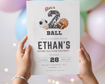 Editable Born 2 Ball Invitation For Boys, 2nd Birthday Invite Template, Printable Let's Have a Ball All Star Invite, Canva Template
