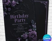 Black & Purple Floral Birthday Invite, Editable Birthday Invitation Template, Gothic Invitation, Birthday party invite, Canva Template