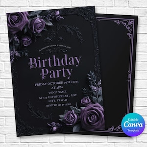 Schwarz & Lila Blumengeburtstag einladen, bearbeitbare Geburtstagseinladungsvorlage, Gothic Einladung, Geburtstagsfeier einladen, Canva Vorlage