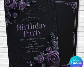 Black & Purple Floral Birthday Invite, Editable Birthday Invitation Template, Gothic Invitation, Birthday party invite, Canva Template