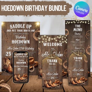 Bearbeitbares Western Hoedown Birthday Bundle, Cowboy Boots Digitale Einladung, Geburtstagsmenü, Tags, druckbare Canva Vorlage, Sofort Download