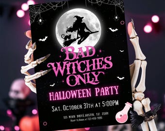 Uitnodiging voor feest alleen Halloween Bad Witches, bewerkbare uitnodiging voor Halloween-feest, uitnodiging Halloween Girls Out-feestje, canvassjabloon