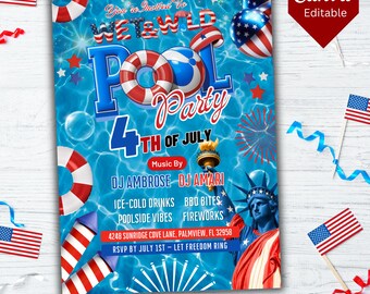 4th of July Pool Party Invitation, Wet And Wild Pool Party, Printable Independence Day invite, Summer Beach Party, Canva Editable Template