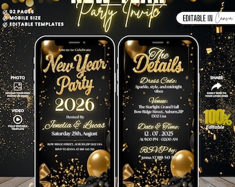 Digital New Years Eve Party Invitation, Animated NYE Celebration Invite,  New Year eve Party Invite, Digital New year party, Canva template
