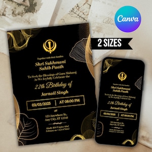 May include: Black and gold invitation with a gold religious symbol. The invitation is for a 22nd birthday celebration for Jarnail Singh on March 3, 2025 at 8:00 PM. The invitation includes the text "Shri Sukhmani Sahib Paath" and "To Seek the Blessings of Guru Maharaj As We Joyfully Celebrate the 22th Birthday of Jarnail Singh".