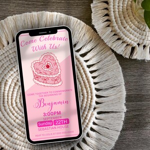 Digital heart shape Cake invitation, Pink 30th Birthday Party Invite, 30th Birthday Invitation Template, Heart Cake Invite Party Invitation