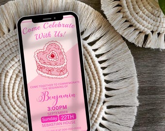 Digitale Herzform Kucheneinladung, Rosa 30. Geburtstag Party einladen, 30. Geburtstagseinladungsvorlage, Herzkuchen einladen Partyeinladung