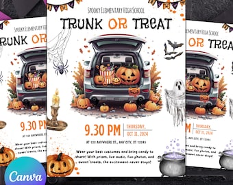 Ulotka „Trunk or Treat”, szablony „Trunk or Treat” do szkoły lub kościoła, zaproszenie na imprezę halloweenową, szablony „Trunk or Treat”, szablon Canva