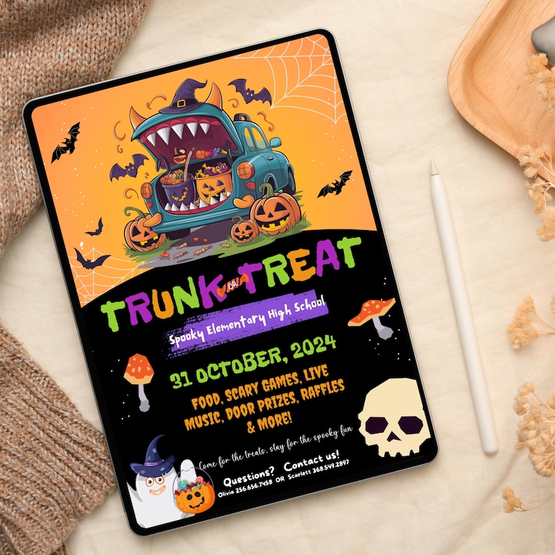 May include: A colorful invitation for a Trunk or Treat event at Spooky Elementary High School on October 31st, 2024. The invitation features a cartoon monster truck with a pumpkin on the back and bats flying in the air. The text on the invitation reads "Trunk or Treat" and includes details about the event, such as food, scary games, live music, door prizes, raffles, and more.