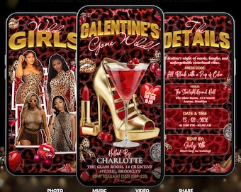 Digital Cheetah Galentines Day Party Invitation, Galentine's Girls Night Invitation,Red cheetah Galentines Invite Valentine's Party Invite