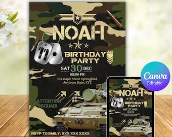 Military Party Invitations, Army Birthday Invitation, Military Theme Birthday Party Invite, Soldier Birthday Invitation, Canva Template