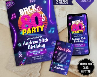 80s Birthday Invitation, Editable 80s Birthday Party Invite, 80s Theme Birthday Invitation, Back to 80s Party Invite, Canva Template