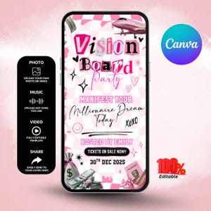 May include: A pink and white digital invitation for a Vision Board Party, featuring a pink airplane graphic, money, and a passport. The text reads "Manifest Your Millionaire Dream Today!" and "Tickets on Sale Now!!"
