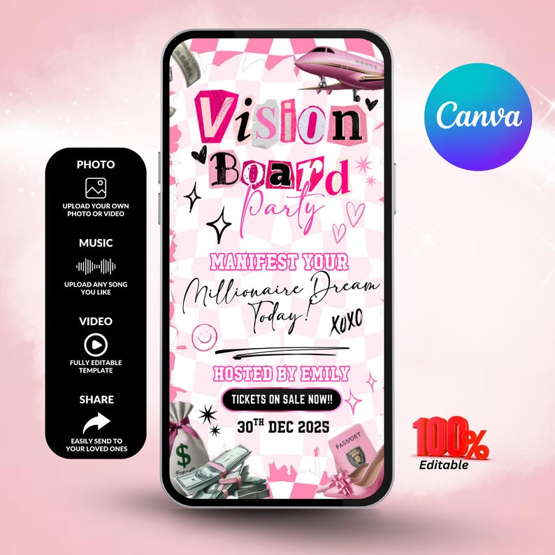 May include: A pink and white digital invitation for a Vision Board Party, featuring a pink airplane graphic, money, and a passport. The text reads "Manifest Your Millionaire Dream Today!" and "Tickets on Sale Now!!"