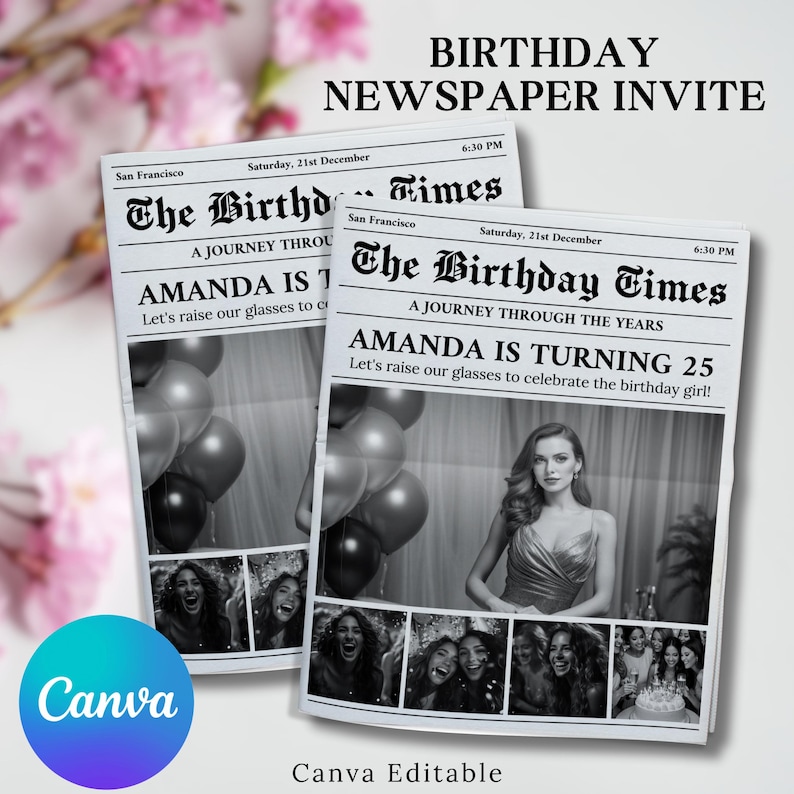 Puede incluir: Una invitaci&oacute;n de cumplea&ntilde;os de estilo peri&oacute;dico en blanco y negro con el titular "The Birthday Times" y el texto "Amanda cumple 25 a&ntilde;os". La invitaci&oacute;n presenta una foto de una mujer con un vestido y un collage de fotos de personas celebrando.