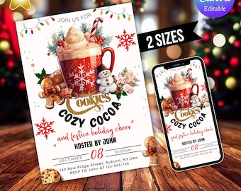 Editable Cookies and Hot Cocoa Party Invitation, Digital Hot Chocolate Christmas Invitation, Hot Cocoa Invite, Holiday Party Invite Template