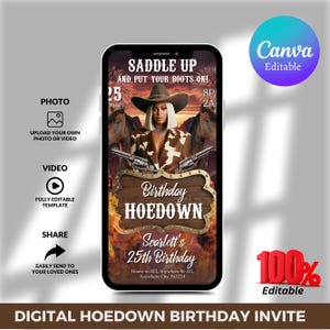 Pu&ograve; includere: Un invito digitale per una festa di compleanno a tema western. L'invito presenta una donna con un cappello da cowboy e una giacca marrone, che tiene due pistole. Il testo sull'invito recita "Saddle Up and Put Your Boots On!" e "Birthday Hoedown".