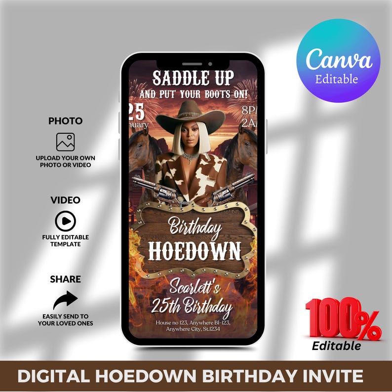 Pu&ograve; includere: Un invito digitale per una festa di compleanno a tema western. L'invito presenta una donna con un cappello da cowboy e una giacca marrone, che tiene due pistole. Il testo sull'invito recita "Saddle Up and Put Your Boots On!" e "Birthday Hoedown".