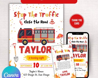 Fire Engine Invitation, Editable Fire Truck Invitation, Sound The Alarm Boys Firetruck Birthday Invitation, Canva Template Instant Download