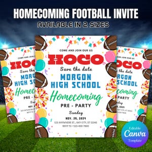 May include: Homecoming football invite with a festive design. The invitation features a football, balloons, and confetti. The text reads "HOCO" and "Homecoming Pre-Party" with the date and location.