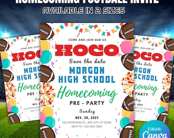 Könnte beinhalten: Homecoming-Football-Einladung mit festlichem Design. Die Einladung zeigt einen Football, Luftballons und Konfetti. Der Text lautet "HOCO" und "Homecoming Pre-Party" mit Datum und Ort.