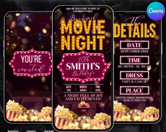 Invitación de cumpleaños para una noche de cine en el patio, fiesta de cumpleaños con una noche de cine rosa, invitación de cumpleaños con temática de cine, plantilla Canva para una noche de cine.