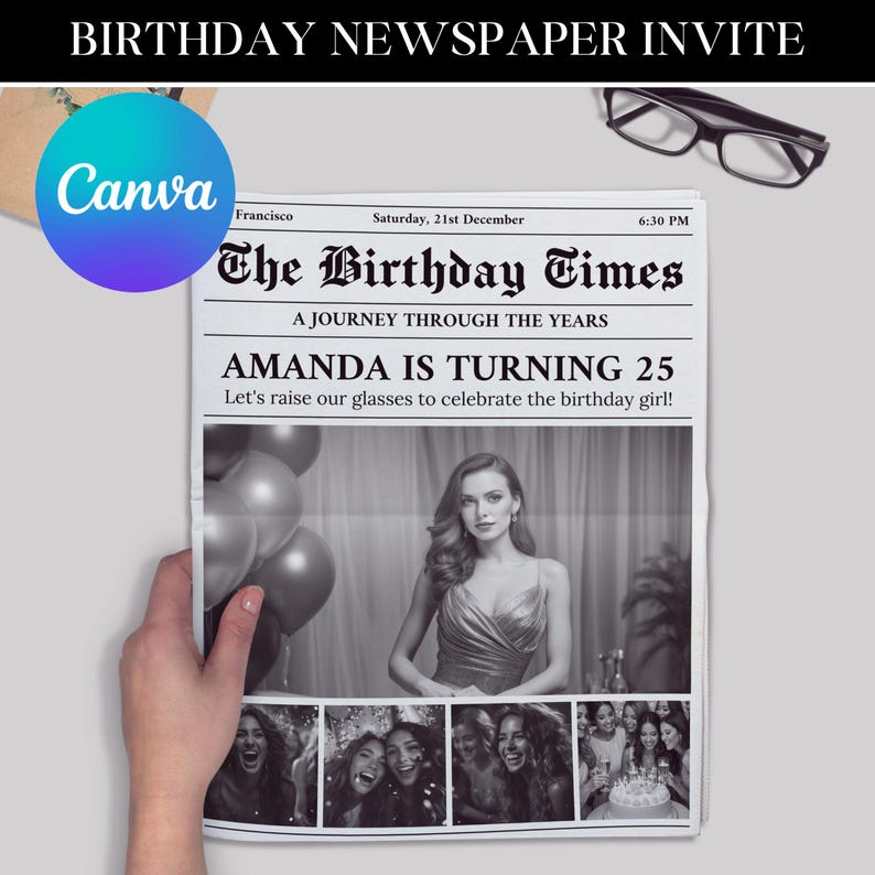 Puede incluir: Una invitaci&oacute;n de cumplea&ntilde;os de estilo peri&oacute;dico en blanco y negro con el titular "The Birthday Times" y el texto "Amanda cumple 25 a&ntilde;os". La invitaci&oacute;n presenta una foto de una mujer con un vestido y un grupo de personas celebrando.