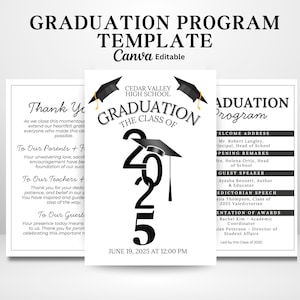 Modèle de programme de remise des diplômes 2025, carte modifiable de cérémonie 2025, promotion 2025, programme de remise des diplômes secondaires et universitaires, téléchargement immédiat