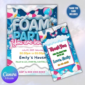 Invitación para fiesta de espuma, invitación editable para fiesta de espuma, tarjeta de cumpleaños con burbujas, invitación de cumpleaños infantil, fiesta de verano con juegos acuáticos, plantilla de Canva