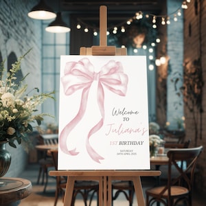 Pink Bow First Birthday Welcome Sign, Pink Bow 1st Birthday Welcome Sign, Coquette Welcome Signs, Bow Birthday Sign, Pink Welcome Sign Canva