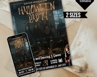 Może przedstawiać: Zaproszenie na imprezę Halloweenową o upiornym motywie. Projekt przedstawia zamaskowane postacie, butelki i tekst "Halloween Party". Smartfon wyświetla zaproszenie. Dostępne w dwóch rozmiarach.