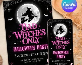Uitnodiging voor feest alleen Halloween Bad Witches, bewerkbare uitnodiging voor Halloween-feest, uitnodiging Halloween Girls Out-feestje, canvassjabloon
