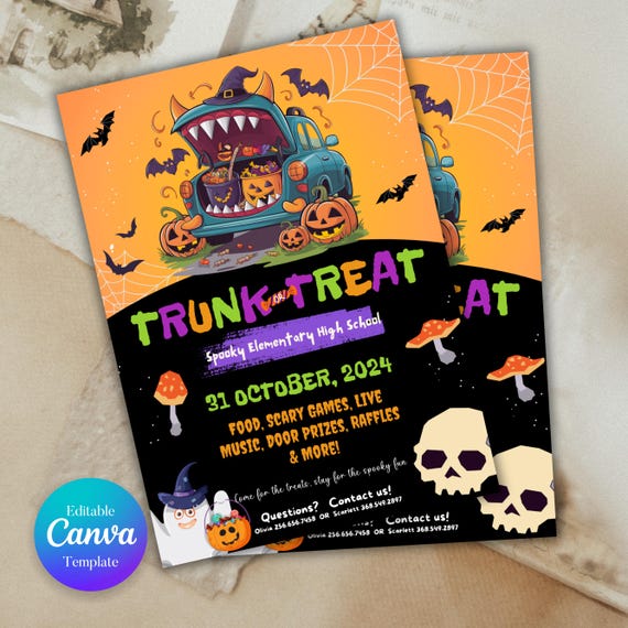 Trunk or Treat Flyer, Trunk or Treat Templates For School or Church, Halloween Party Invite, Trunk or Treat Templates, Canva Template