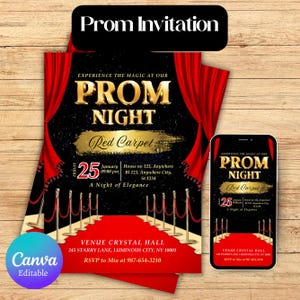 Red Carpet Invite, Red Carpet Prom, School Dance Invitation, School Dance Ticket, Hollywood Theme, Red Glam Prom Party Invite Canva Template