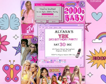 Invitación para fiesta Y2K, invitación de cumpleaños Y2K, invitación para fiesta de cumpleaños con temática de principios de los 2000, recuerdo de los 90, plantilla Canva de descarga instantánea