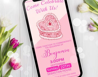 Digitale Herzform Kucheneinladung, Rosa 30. Geburtstag Party einladen, 30. Geburtstagseinladungsvorlage, Herzkuchen einladen Partyeinladung
