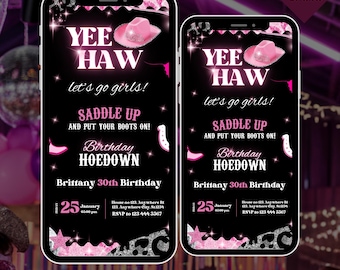 Digital rosa disco cowgirl hoedown födelsedagsfest, cowgirl födelsedagsinbjudan, rosa cowgirlfestinbjudan, Yee Haw-fest, Canva-mall
