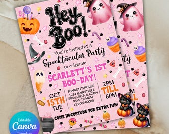 May include: Pink Halloween party invitation with the text "Hey Boo!" and "Spooktacular Party". The invitation features illustrations of ghosts, pumpkins, cupcakes, and a black cat. The text includes the date, time, and location.
