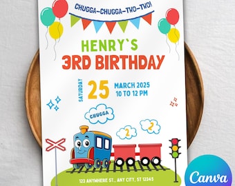 Invitación de cumpleaños Chugga Chugga Two Two, invitación de cumpleaños editable en tren, invitación de Chugga Chugga, fiesta de cumpleaños en tren, plantilla de Canva